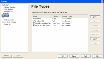 Ecran d'options Types de fichiers
